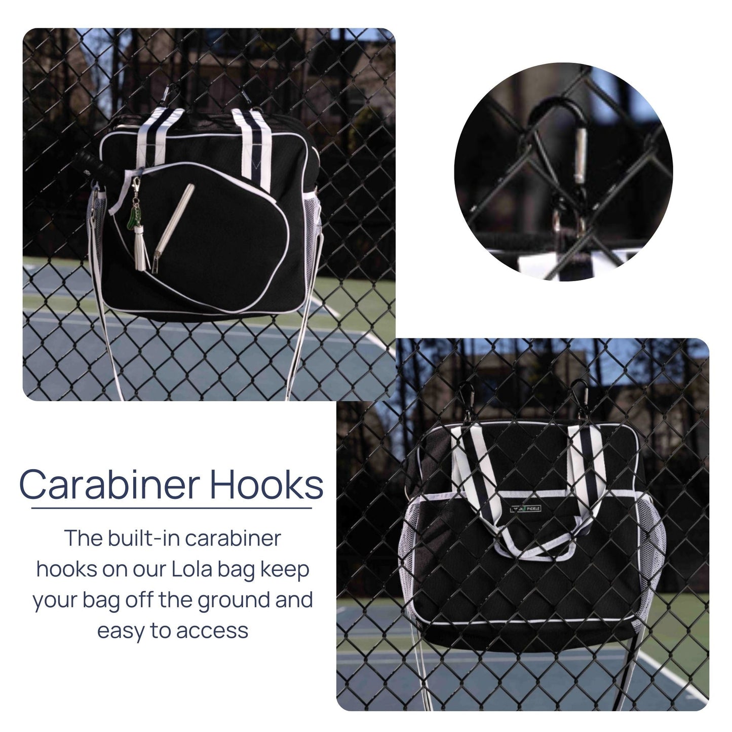 The Fresh Pickle Lola Pickleball Tote Bag, in black and white, hangs from a chain-link fence by its built-in carabiner hook, keeping your pickleball gear off the ground and easily accessible.