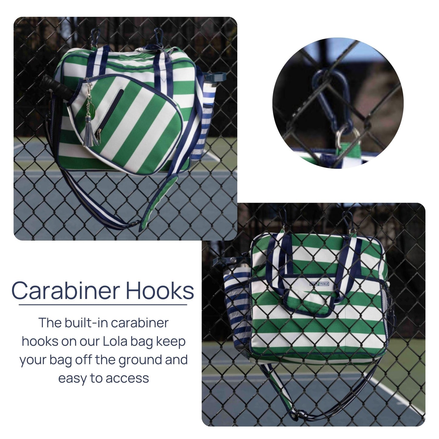 The Fresh Pickle Lola Pickleball Tote Bag, featuring green and white stripes with navy handles, hangs from a fence by a carabiner hook to keep your gear handy and off the tennis court.
