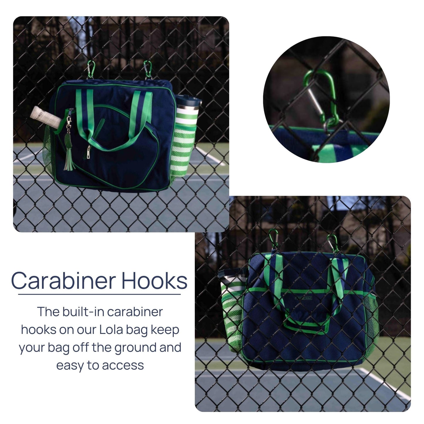 The Fresh Pickle Lola Pickleball Tote Bag in navy blue with green straps hangs from a fence using built-in green carabiner hooks, keeping it off the ground and easy to access. A striped cup and white towel are attached for convenience.