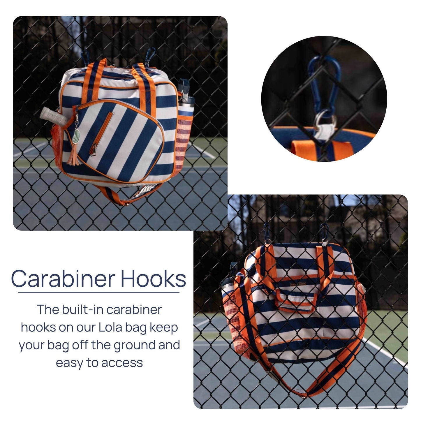The Fresh Pickle Lola Pickleball Tote Bag, featuring blue-and-white stripes and orange straps, hangs from a black chain-link fence via its built-in carabiner. A close-up shows the easy-to-use carabiner clipped for quick gear access.