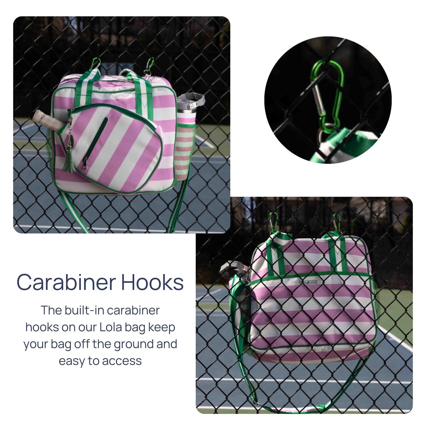 The Fresh Pickle Lola Pickleball Tote Bag in pastel pink and green hangs from a black fence by green carabiner hooks, shown in close-up to highlight how they keep the bag off the ground and within easy reach.