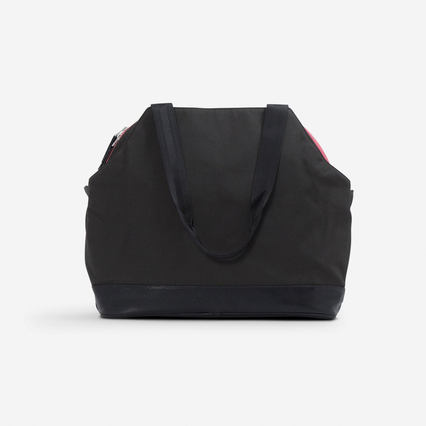 The Doubletake LONDON | Pickleball Duffel & Tote is a large black bag with two handles, a structured base, and a rounded top. Its spacious interior features subtle red lining, seen against a plain white background.