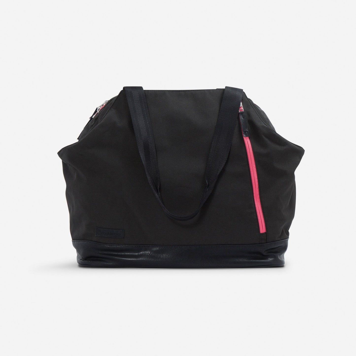 The Doubletake LONDON Pickleball Duffel & Tote is a black bag with short handles, a structured base, and a bright pink diagonal zipper pocket. Its modern, water-resistant design offers ample storage and sits against a plain white background.