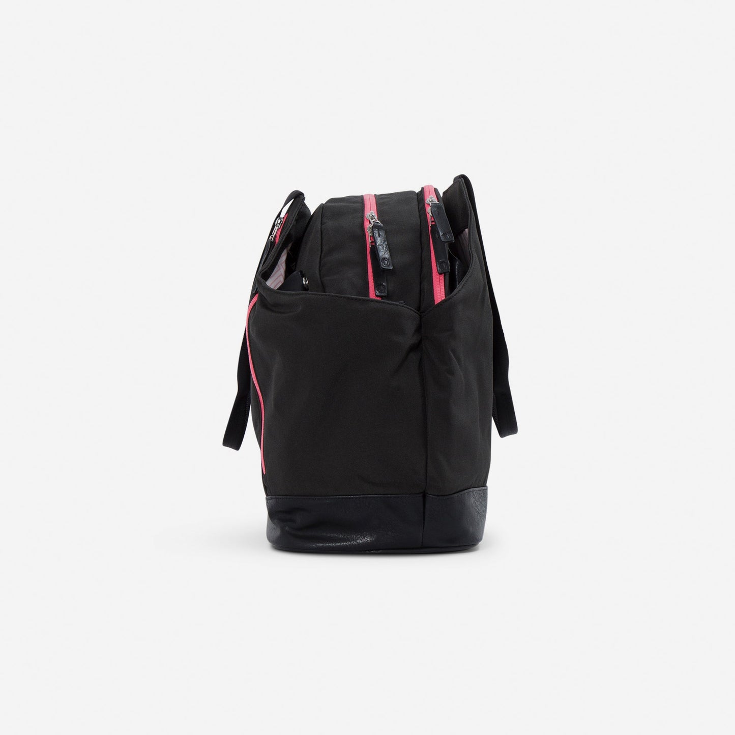 The Doubletake LONDON Pickleball Duffel & Tote stands upright with a structured black design, pink zippers and accents, front pocket storage, black straps, and a reinforced water-resistant bottom against a white background.