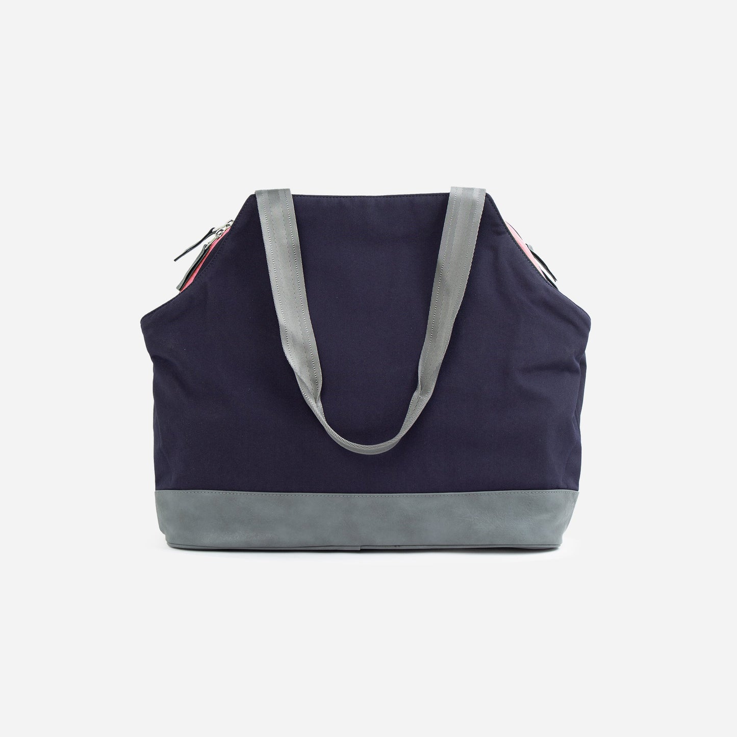 The Doubletake LONDON Pickleball Duffel & Tote is a navy blue, water-resistant bag with long gray handles, a wide gray base, and subtle silver zippers on both sides near the top. Its structured design offers ample storage. Displayed on a white background.