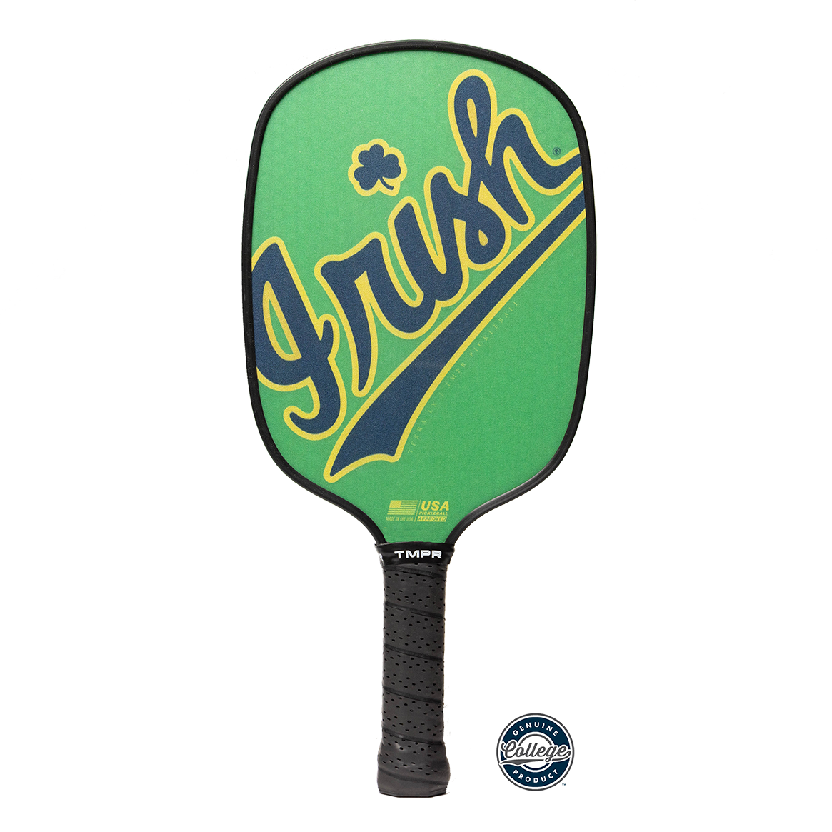 The TMPR Sports Terra LX "Luck of the Irish" paddle features a green Notre Dame design with "Irish" in yellow-outlined navy script, a shamrock, SPINGRIP surface for better play, black edge, and blue Collegiate Licensed Product seal.