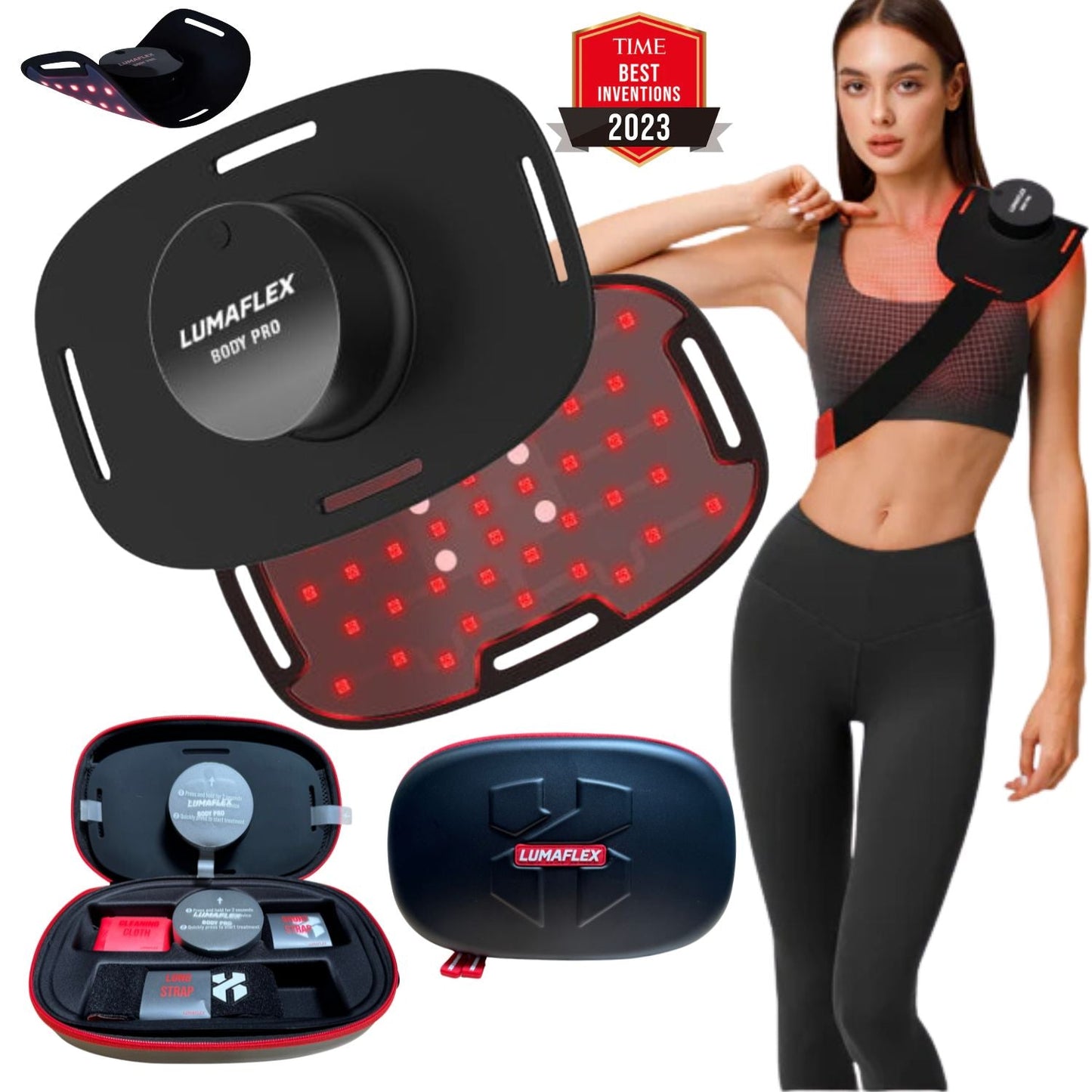 A woman wears the iReliev Body Pro Red Light and Infrared Therapy Wrap on her shoulder. Close-ups show glowing red LEDs, a black carrying case with accessories, and a TIME Best Inventions 2023 badge in the corner.