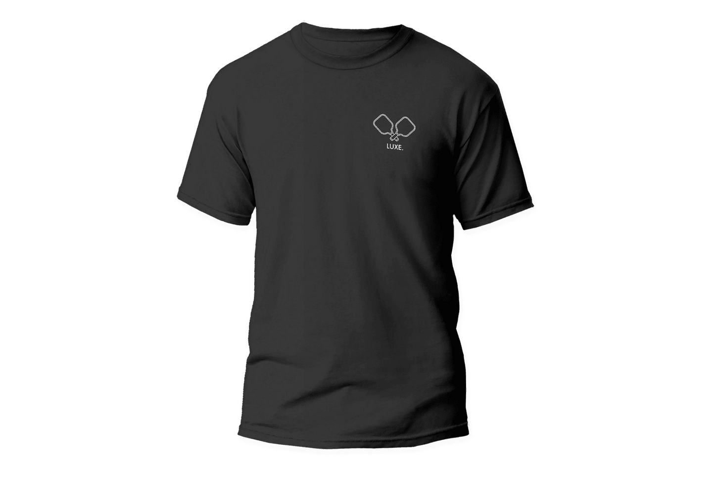 The LUXE Pickleball Shirt by LUXE Pickleball is a black unisex, 100% cotton short-sleeve tee featuring a small white graphic of two overlapping hexagons and “LUXE.” on the left chest. Displayed against a plain white background.