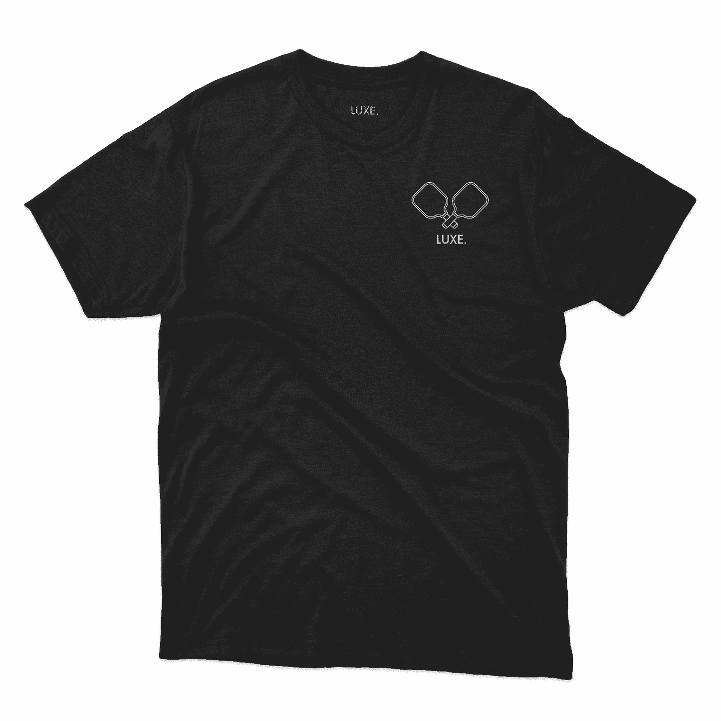 The LUXE Pickleball Shirt by LUXE Pickleball is a unisex black 100% cotton tee featuring “LUXE.” in small white letters on the chest and neck, plus a minimalist two crossed keys outline with "LUXE." on the left chest.