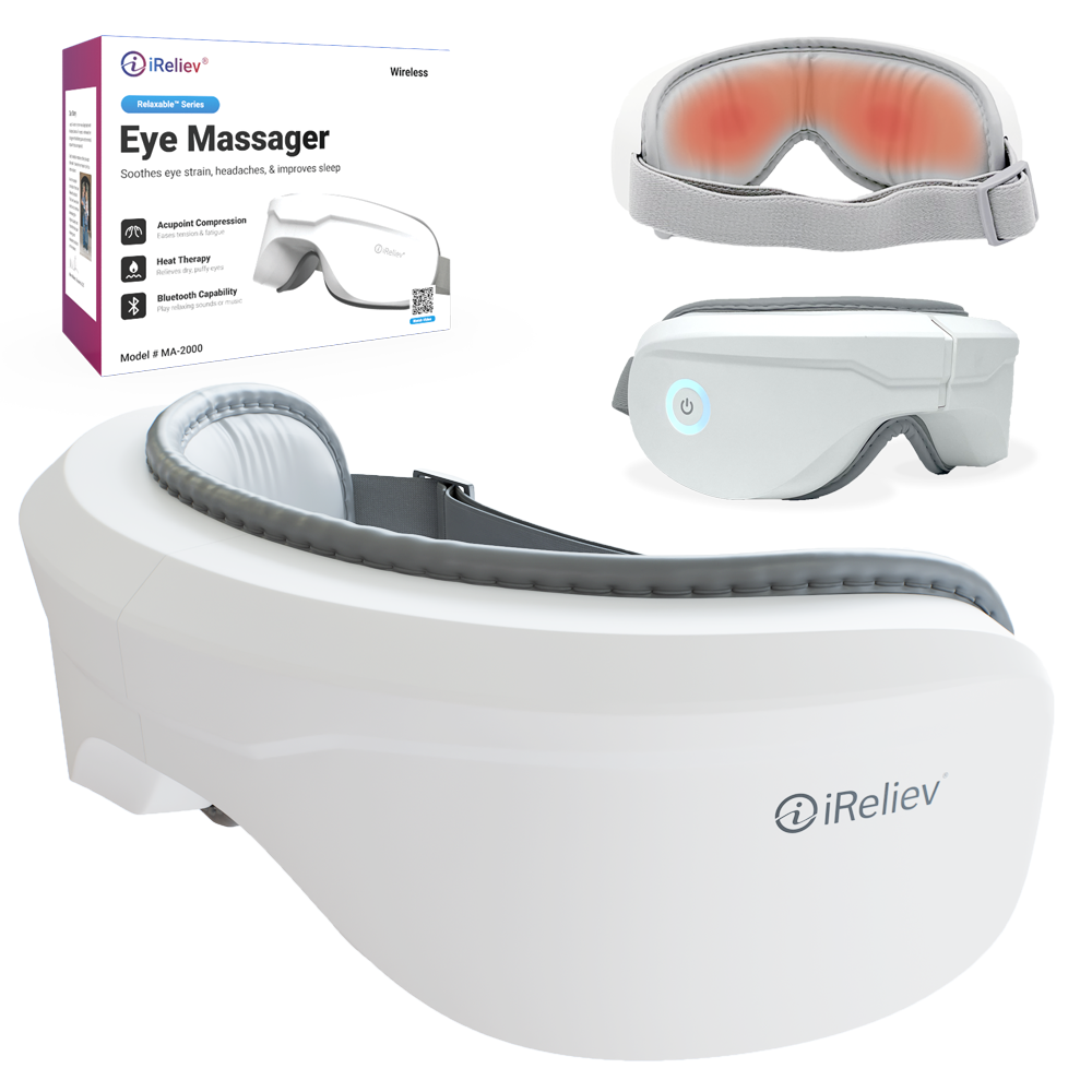 A white Relaxable™ Eye Massager with Heat by iReliev, featuring a gray inner lining, is shown from the side. Insets highlight its red glow during heat and compression therapy, front view with power button, and feature-rich branded packaging.