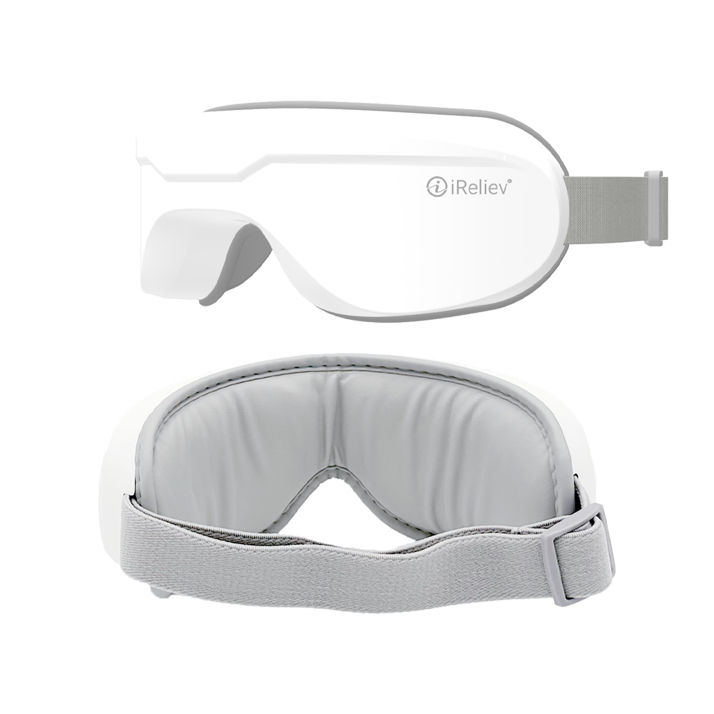 Two views of the iReliev Relaxable™ Eye Massager with Heat: the top highlights its sleek white exterior and logo, while the bottom reveals a padded gray interior and adjustable strap—designed for comfort and soothing heat therapy.