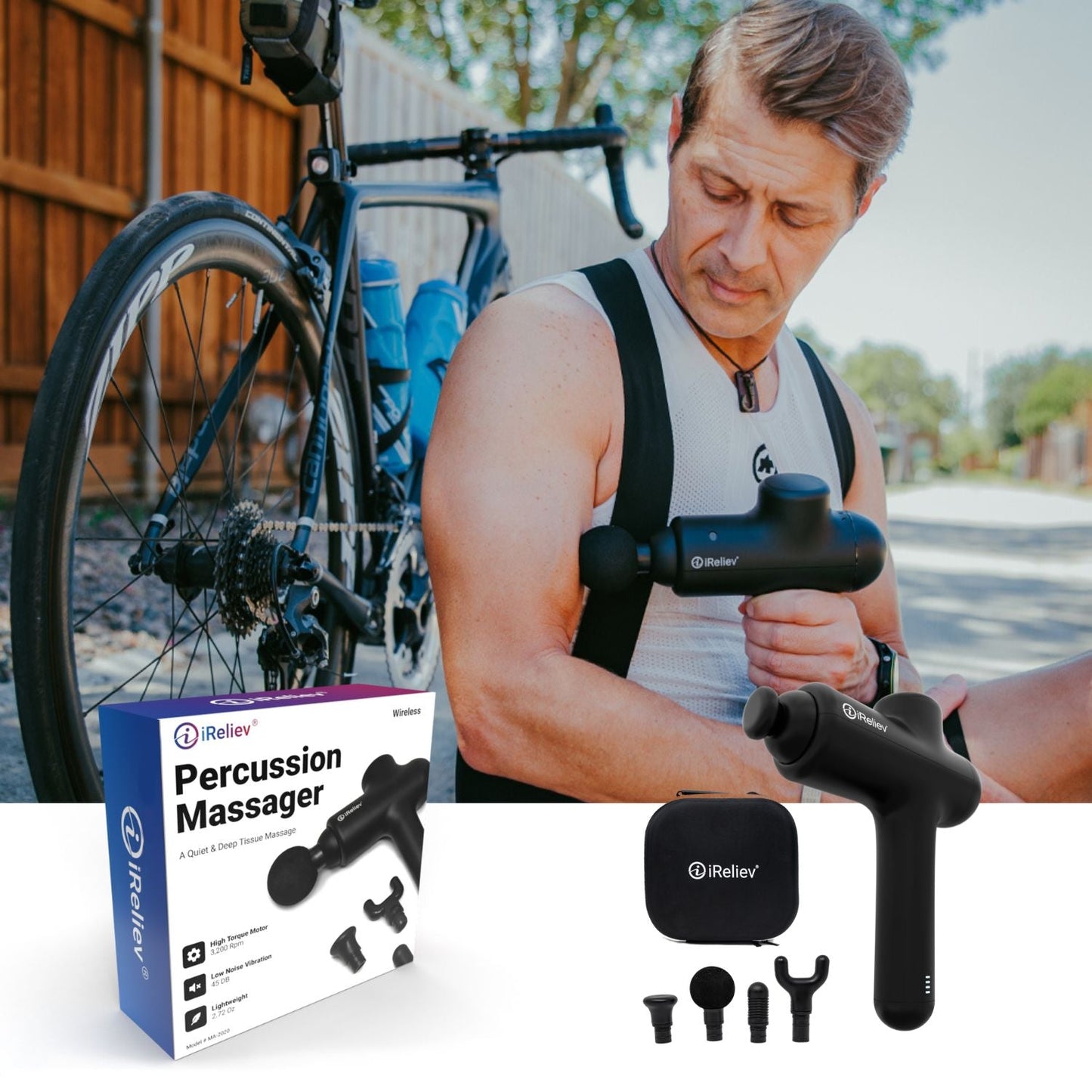 A man in athletic gear uses the iReliev Percussion Massage Gun on his upper arm next to a bike outdoors, promoting increased blood flow. In front are the product box, carrying case, massage gun, and four attachment heads.
