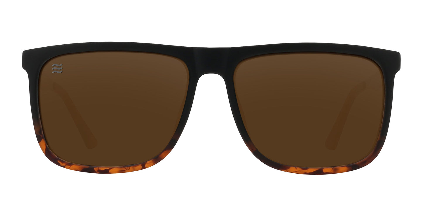 Front view of Neven Eyewear's Repeater sunglasses, showcasing dark brown polarized lenses, matte black upper frames, and tortoiseshell-patterned lower frames with a small white wave logo on the left lens.