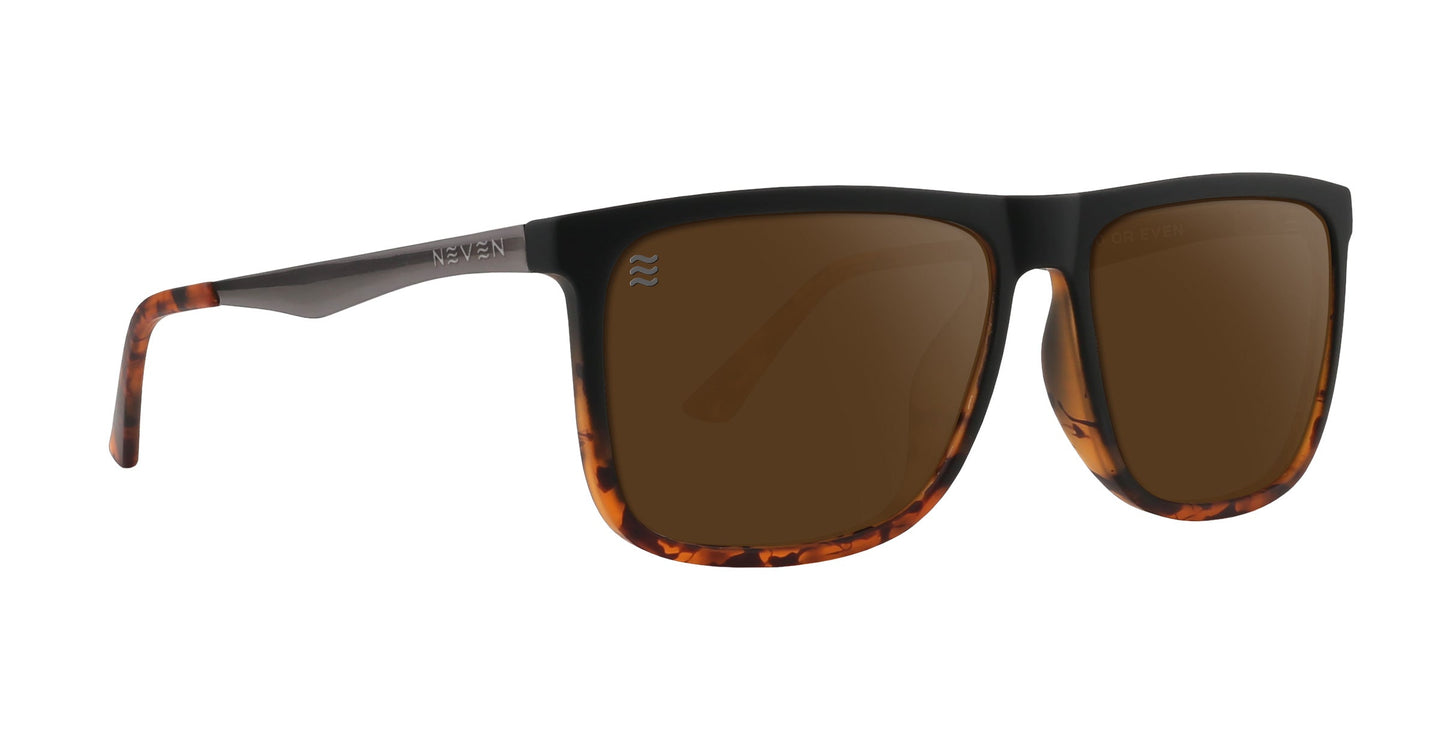 A pair of Repeater sunglasses by Neven Eyewear, featuring rectangular brown polarized lenses, matte black tops, tortoiseshell-patterned rims, and thin dark temples with the NEVEN logo in silver near the hinge.