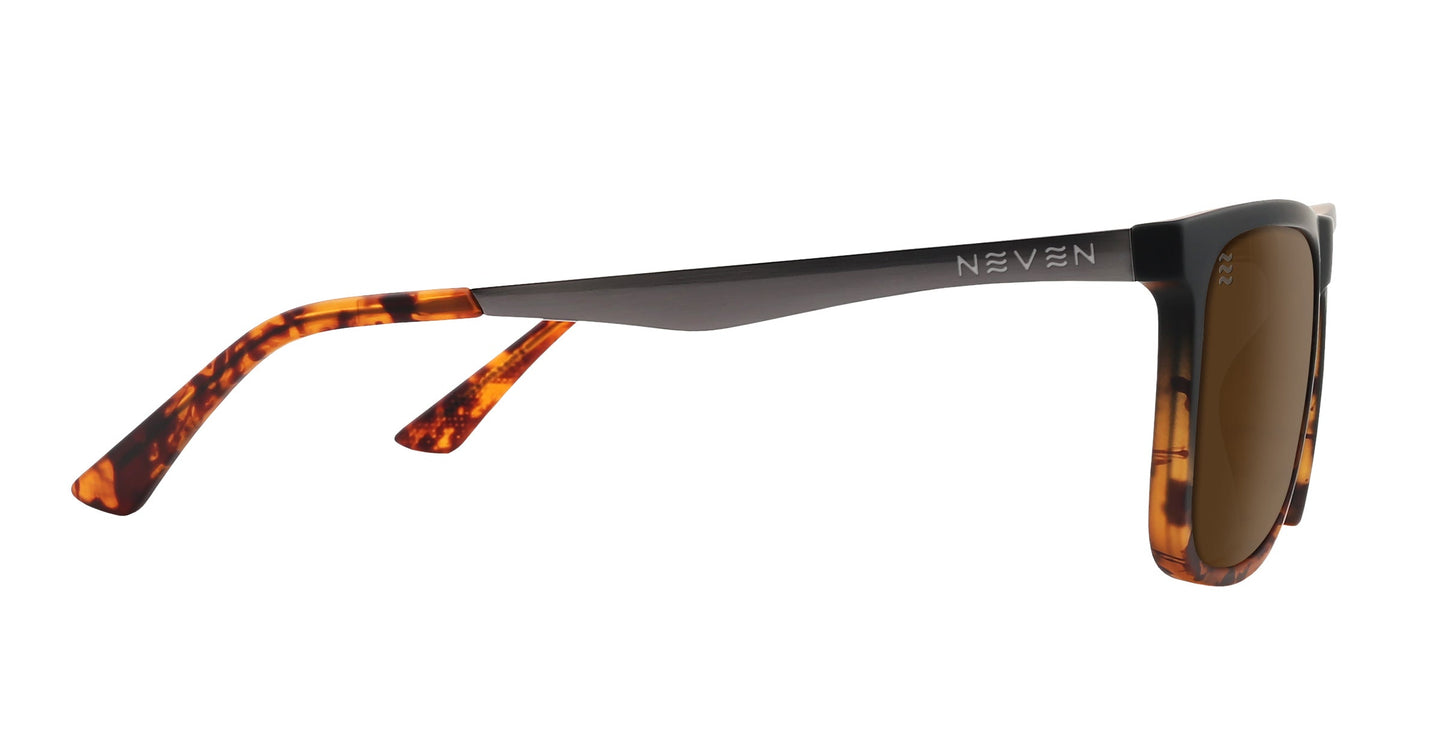 Side view of the Neven Eyewear Repeater sunglasses, featuring rectangular polarized lenses, tortoiseshell frames, gradient slim arms, and curved orange-brown tips with “NEVEN” in silver by the hinge.