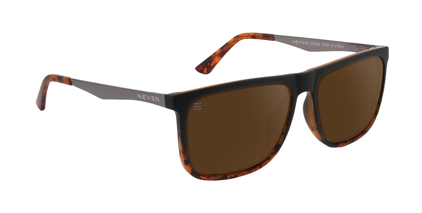 The Repeater sunglasses by Neven Eyewear feature large, rectangular brown polarized lenses, a black frame with dark tortoiseshell arms. "NEVER ODD OR EVEN" is printed inside one arm; "NEVEN" and the Mackaye logo are on the outside.