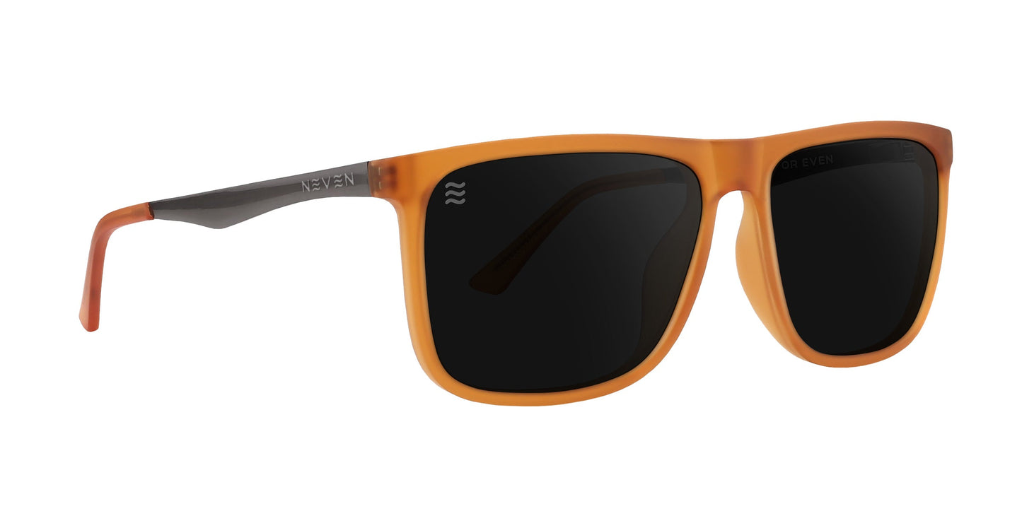 Suggestion by Neven Eyewear: Orange frame sunglasses with rectangular black lenses, an amber-orange matte plastic front, and thin dark gray arms. Brand name on the left arm. Stylish modern look with UV protection.