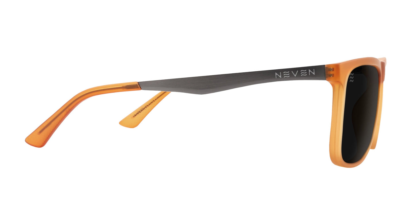 Side view of Neven Eyewear's Suggestion sunglasses: stylish orange frames, black arms with "NEVEN" in white near the hinge, and dark rectangular lenses offering UV protection—all in a modern, sleek design.