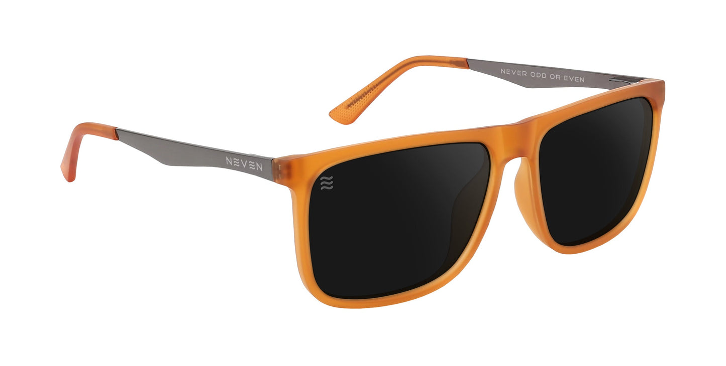 A pair of Neven Eyewear "Suggestion" sunglasses featuring an orange translucent square frame, black lenses, gray metallic arms, "NEVER ODD OR EVEN" on the inner right arm, and "Neven" branding on the outer left arm.