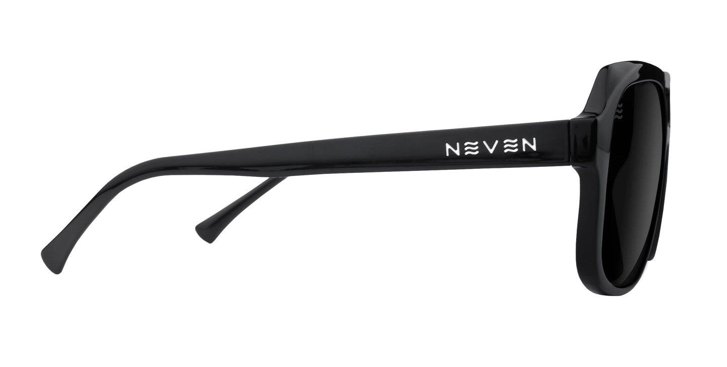 A pair of glossy black Cosmo sunglasses from Neven Eyewear's collection, shown side-on with thick arms. The left arm features the NEVEN logo in white, uppercase letters. Dark lenses provide polarized UV400 protection.