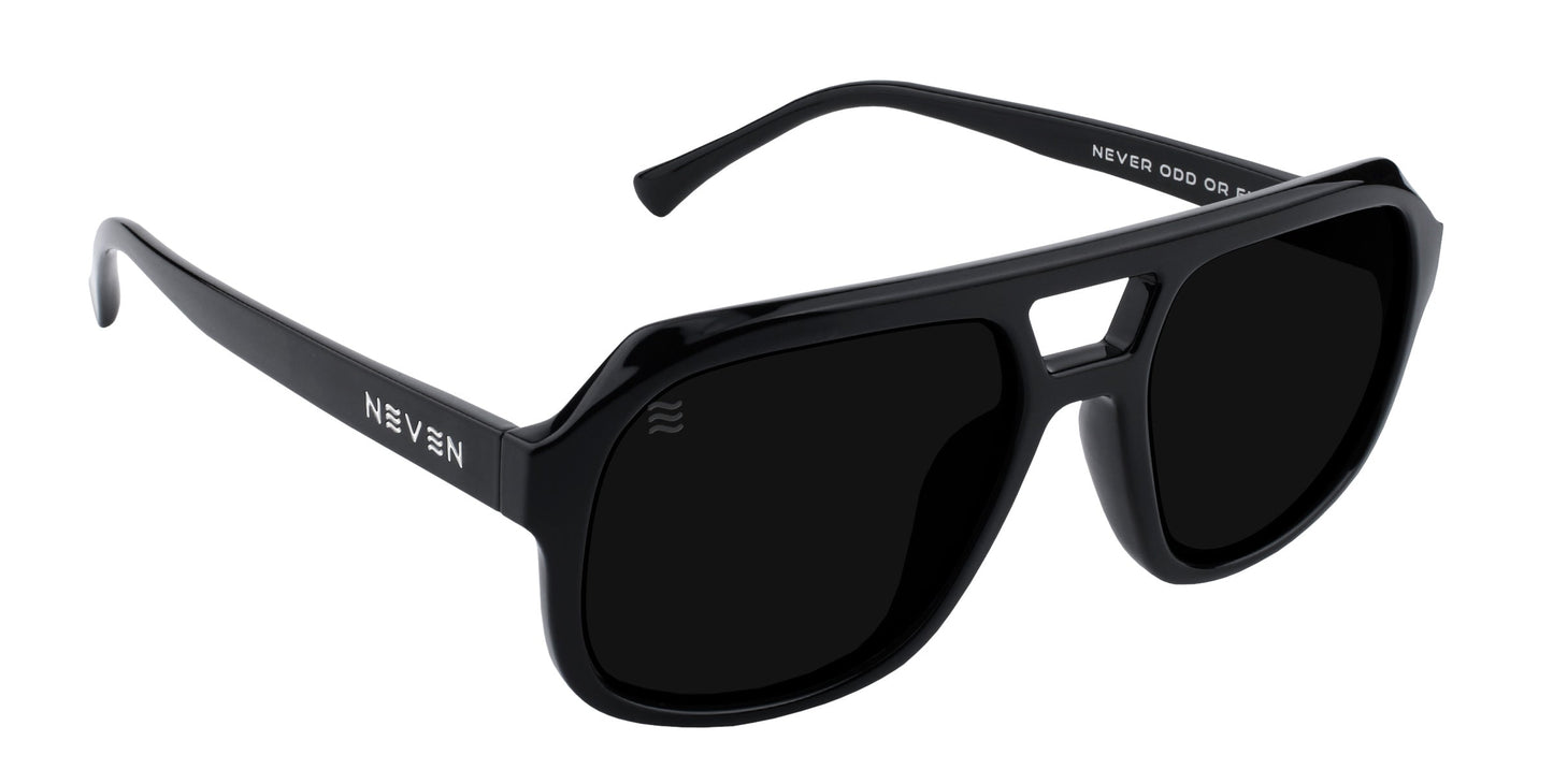 The Cosmo by Neven Eyewear are black, square sunglasses with dark, polarized UV400 lenses and thick frames. NEVEN is printed in white on the left arm; NEVER ODD OR appears inside the right arm near the hinge.