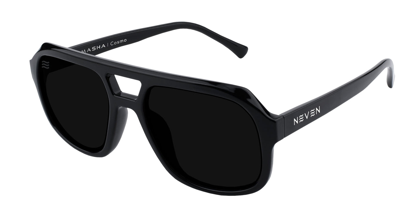 The Cosmo sunglasses by Neven Eyewear feature thick black frames, large rectangular lenses with a small bridge cutout, “MASHA | Cosmo” front detail, and polarized UV400 protection.