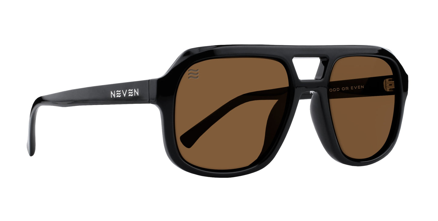Gaia by Neven Eyewear: black, rectangular aviator sunglasses with brown-tinted, polarized UV400 lenses. Unique double bridge, NEVEN logo on the right lens, “ODD OR EVEN” in orange inside right arm, branding on left arm.