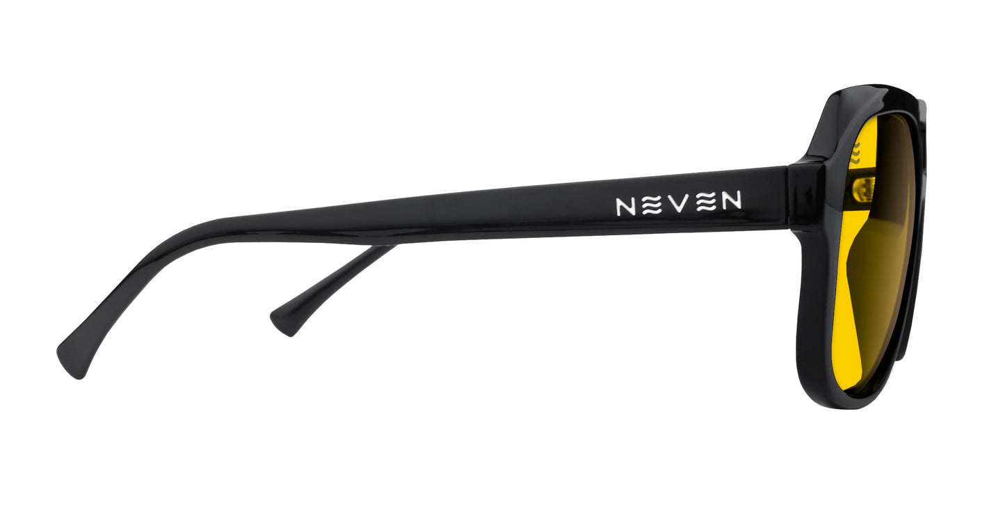 The Helios sunglasses by Neven Eyewear are shown from the side, featuring glossy black-yellow frames, thick arms with “NEVEN” in white, and UV400 protection, all set against a plain white background.