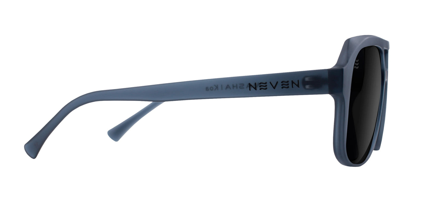 Matte blue Koa sunglasses from Neven Eyewear, shown left-side with straight arms and black polarized UV400 lenses. "Neven Eyewear" and model number K02 are printed in black on the arm against a white background.