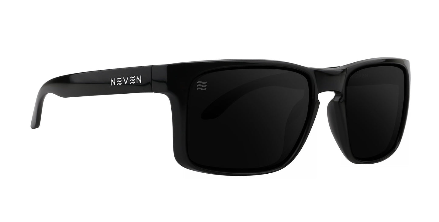 The Doom XL by Neven Eyewear are black rectangular sunglasses with glossy frames and dark, reflective lenses. Featuring "NEVEN" in silver on the left arm, these stylish shades provide UV protection for any occasion.