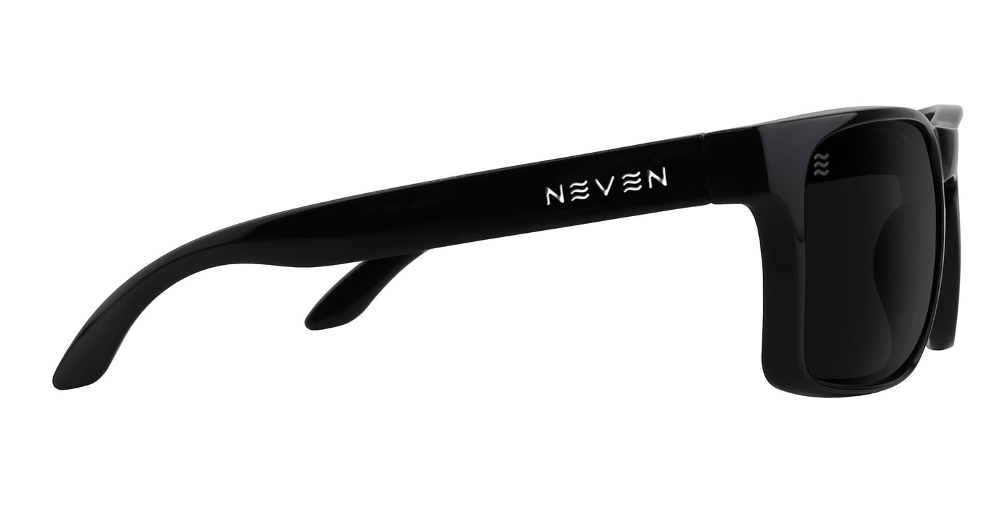 A pair of sleek black Doom XL sunglasses by Neven Eyewear, shown side-on with rectangular polarized lenses and thick arms. The glossy frame features the white “Neven” logo and offers superior UV protection against a plain white background.
