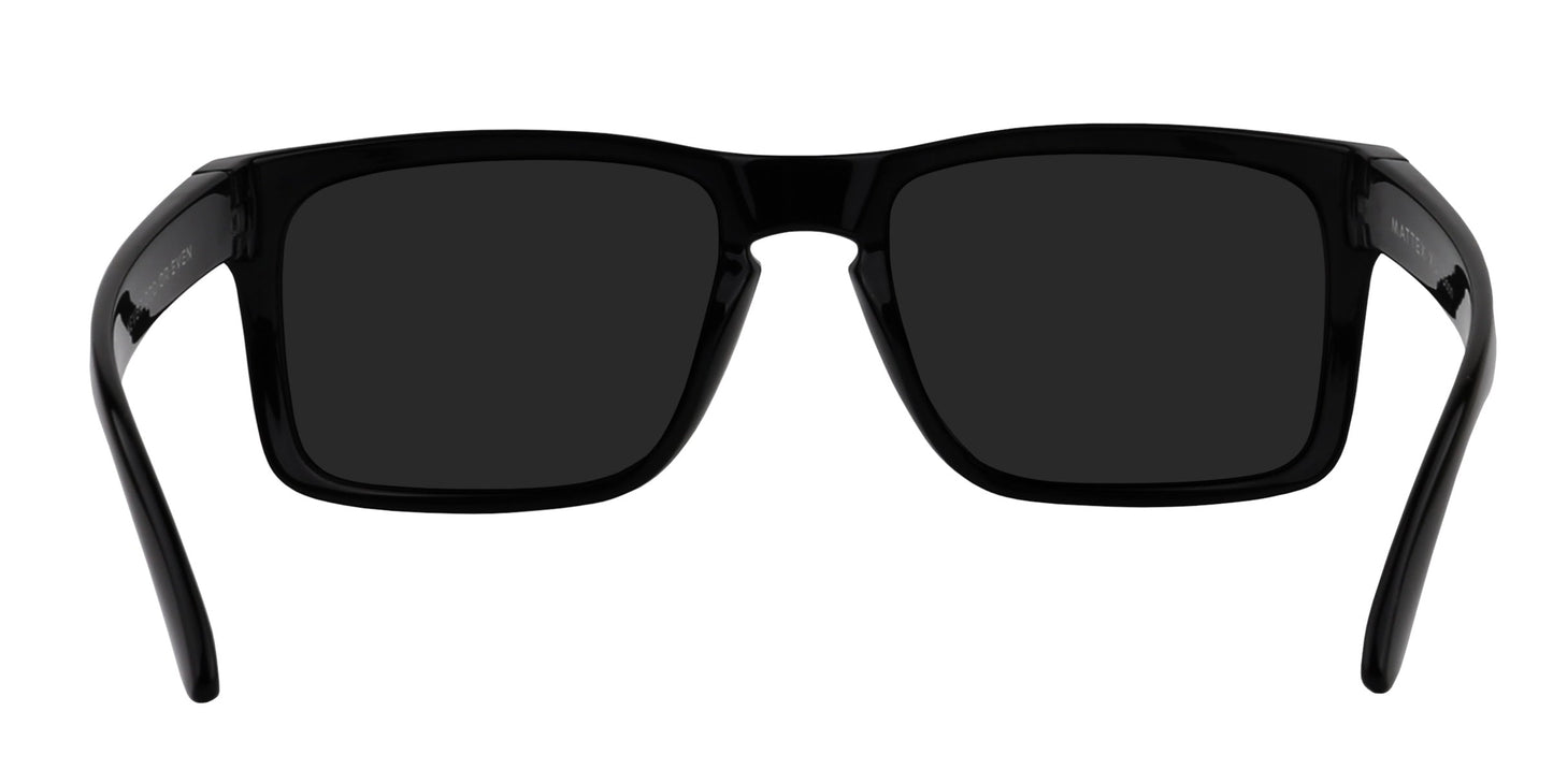 The front view shows a pair of Doom XL sunglasses by Neven Eyewear in black. The rectangular, thick frame features wide arms and slightly curved polarized lenses for bold style and UV protection, displayed on a plain white background.