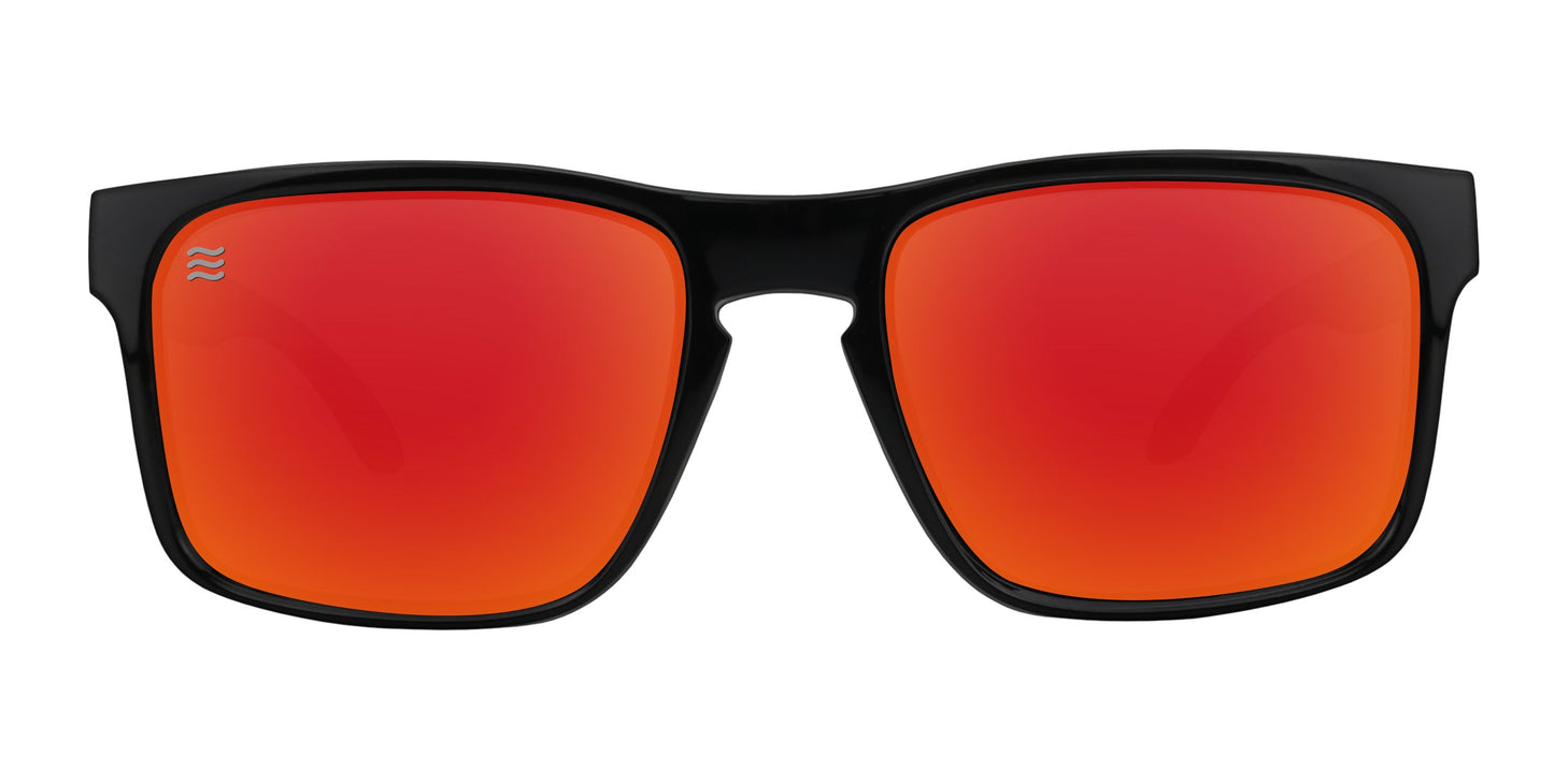 Front view of Neven Eyewear's John Wayne XL sunglasses: black rectangular oversized frames, vibrant mirrored red-orange polarized UV400 lenses, and a small white wavy logo on the lens. Displayed on a plain white background.