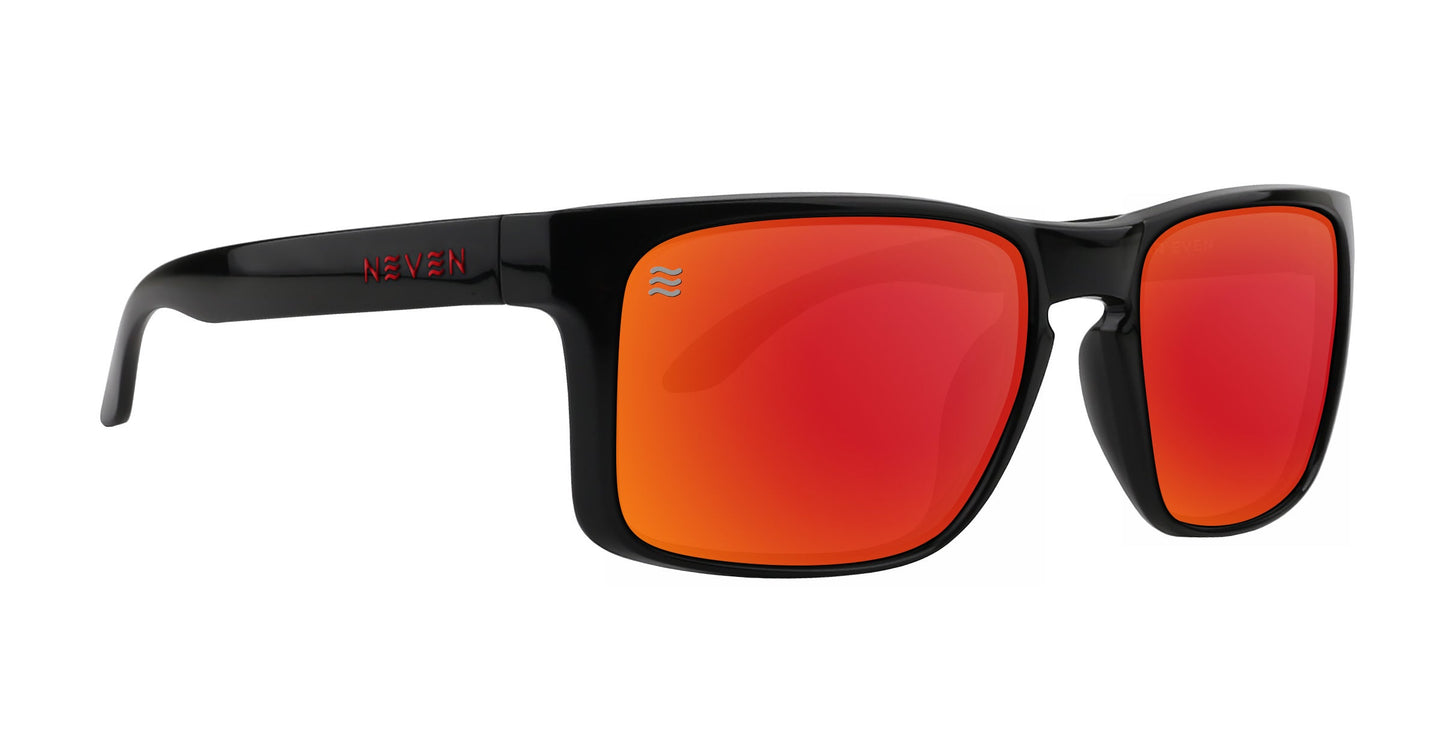 John Wayne XL by Neven Eyewear: black rectangular sunglasses with glossy frames and red-orange mirrored polarized UV400 lenses. Oversized fit, “HEVEN” in red on the left temple, and a white wave logo on the left lens.