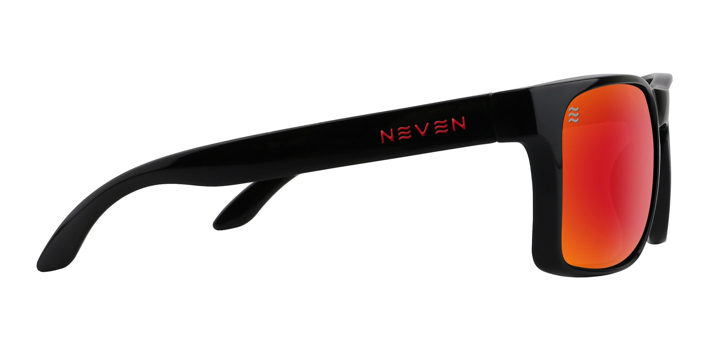 The John Wayne XL by Neven Eyewear are black sunglasses with thick, glossy frames and red mirrored lenses. These oversized shades feature polarized UV400 protection and wide temples with red Neven branding, shown against a plain white background.