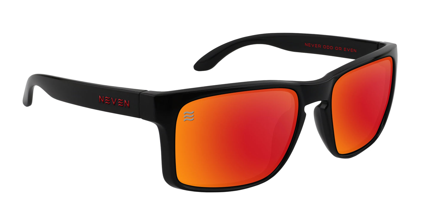 The John Wayne XL sunglasses by Neven Eyewear feature black rectangular frames, bright red-orange mirrored polarized UV400 lenses, “NEVEN” in red on the temple, a wave logo on the left lens, and “NEVER ODD OR EVEN” inside the arm.