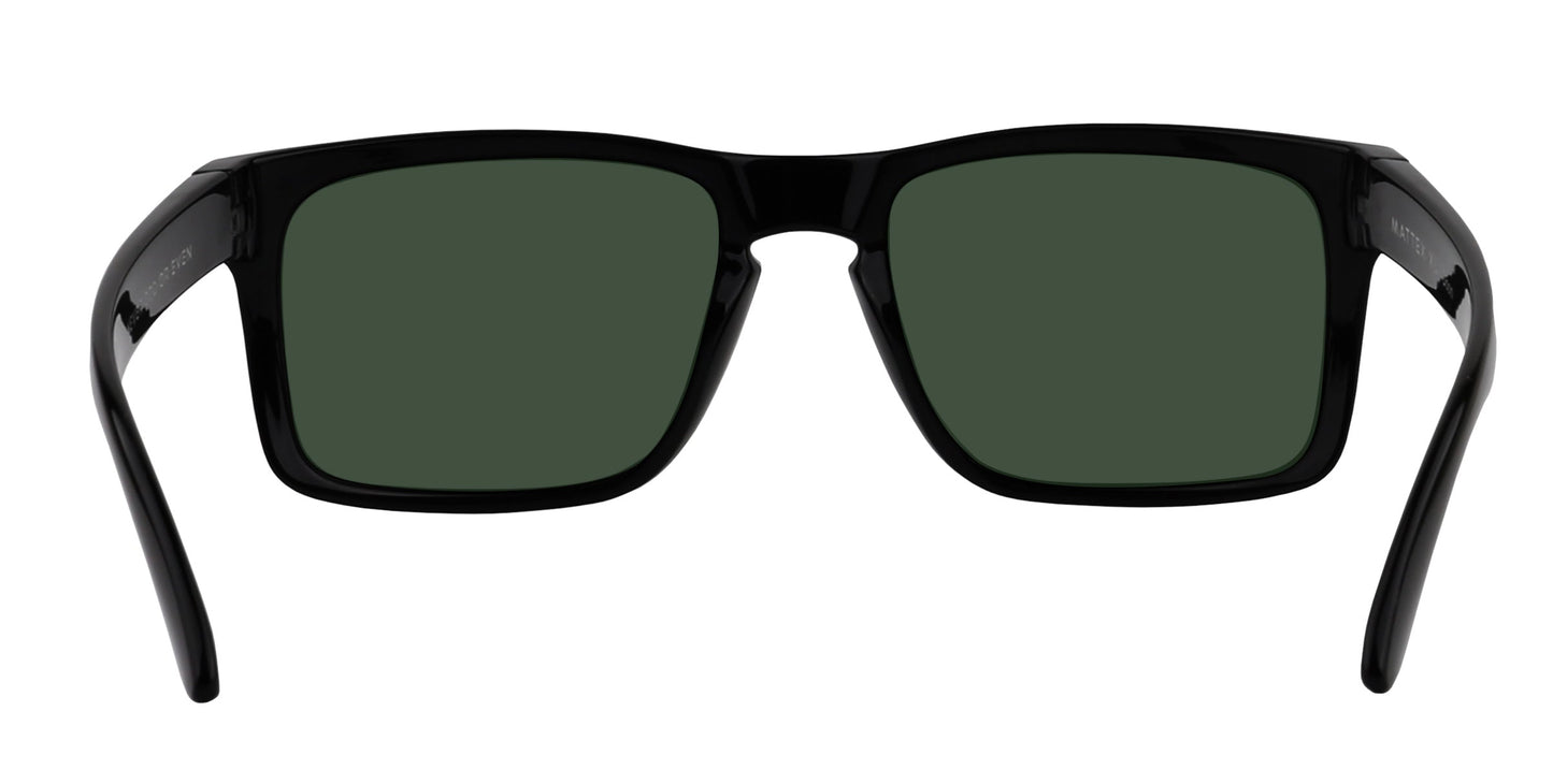 The John Wayne XL by Neven Eyewear are bold, modern black rectangular sunglasses with thick, glossy frames, wide outward-curving temples, and dark green-tinted polarized UV400 lenses for superior protection.