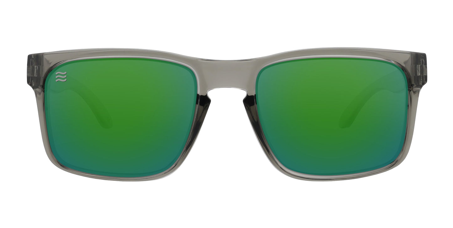Front view of the Neven Eyewear Stormy XL: oversized polarized sunglasses with translucent gray frames, large green mirrored lenses, and a white three-wavy-line logo on the top left of the lens. Modern, sporty design.