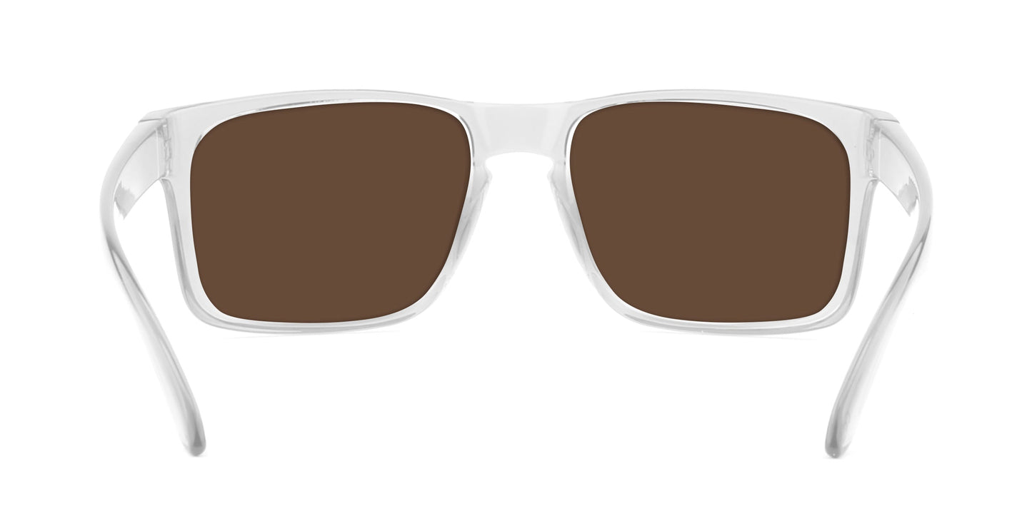 A pair of Neven Eyewear Surge XL sunglasses with clear square plastic frames and dark brown polarized UV400 lenses, shown facing forward on a white background. The arms curve slightly outward.