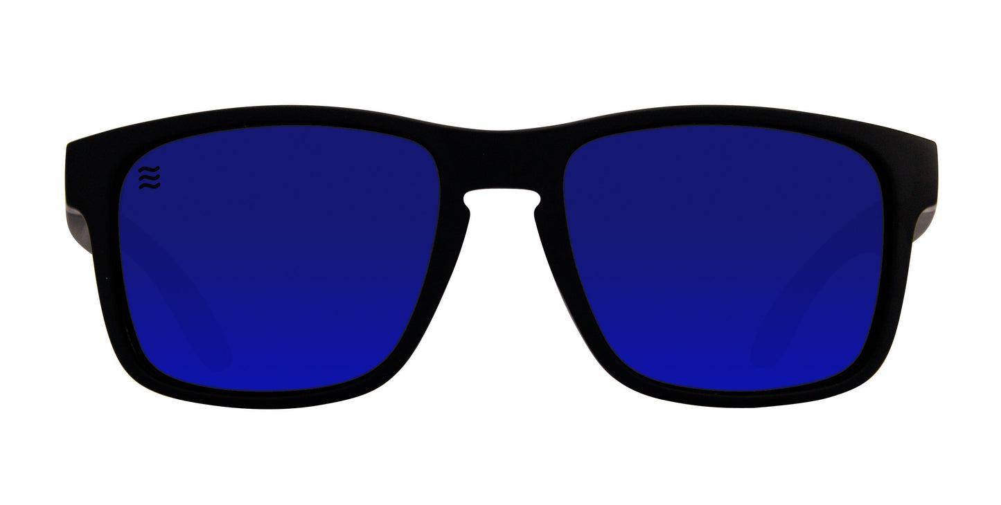 Blue Steel by Neven Eyewear: Polarized sunglasses featuring a thick, matte black TR90 frame and vivid blue mirrored lenses. A small wavy logo sits in the top corner of the left lens; arms are hidden in this front view.