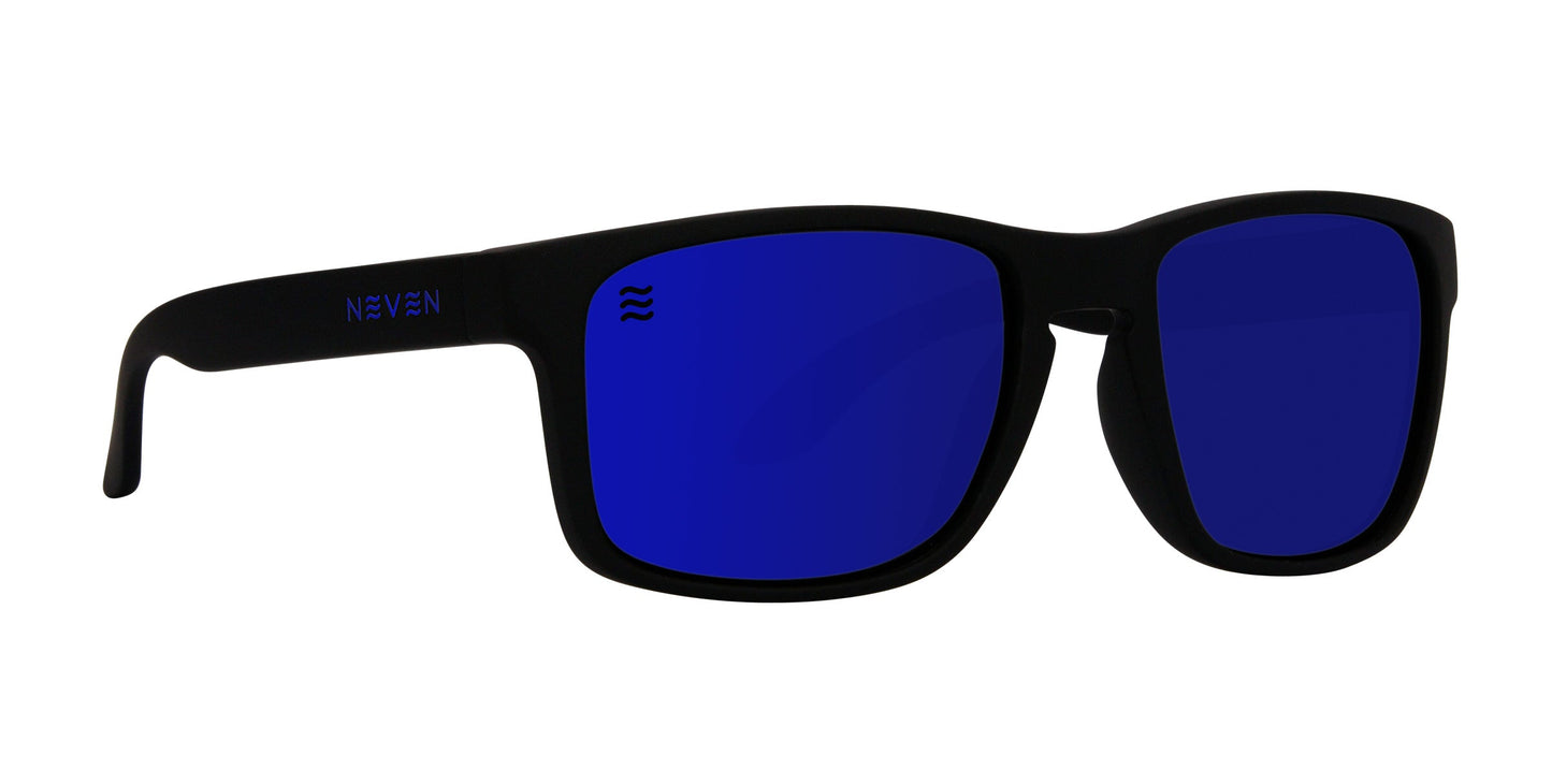Blue Steel by Neven Eyewear: Black rectangular TR90 frames with bold blue mirrored polarized lenses and UV400 protection. The modern, sporty design features the brand name NEVEN in blue on the left arm.