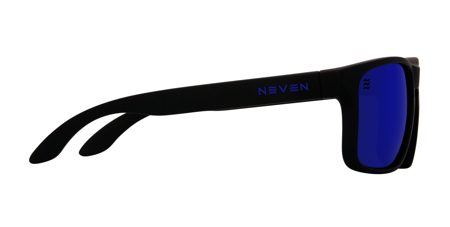 A side view of Neven Eyewear’s Blue Steel sunglasses: black TR90 frames with blue mirrored, UV400 lenses and the NEVEN logo in blue on the left temple arm. Plain white background.