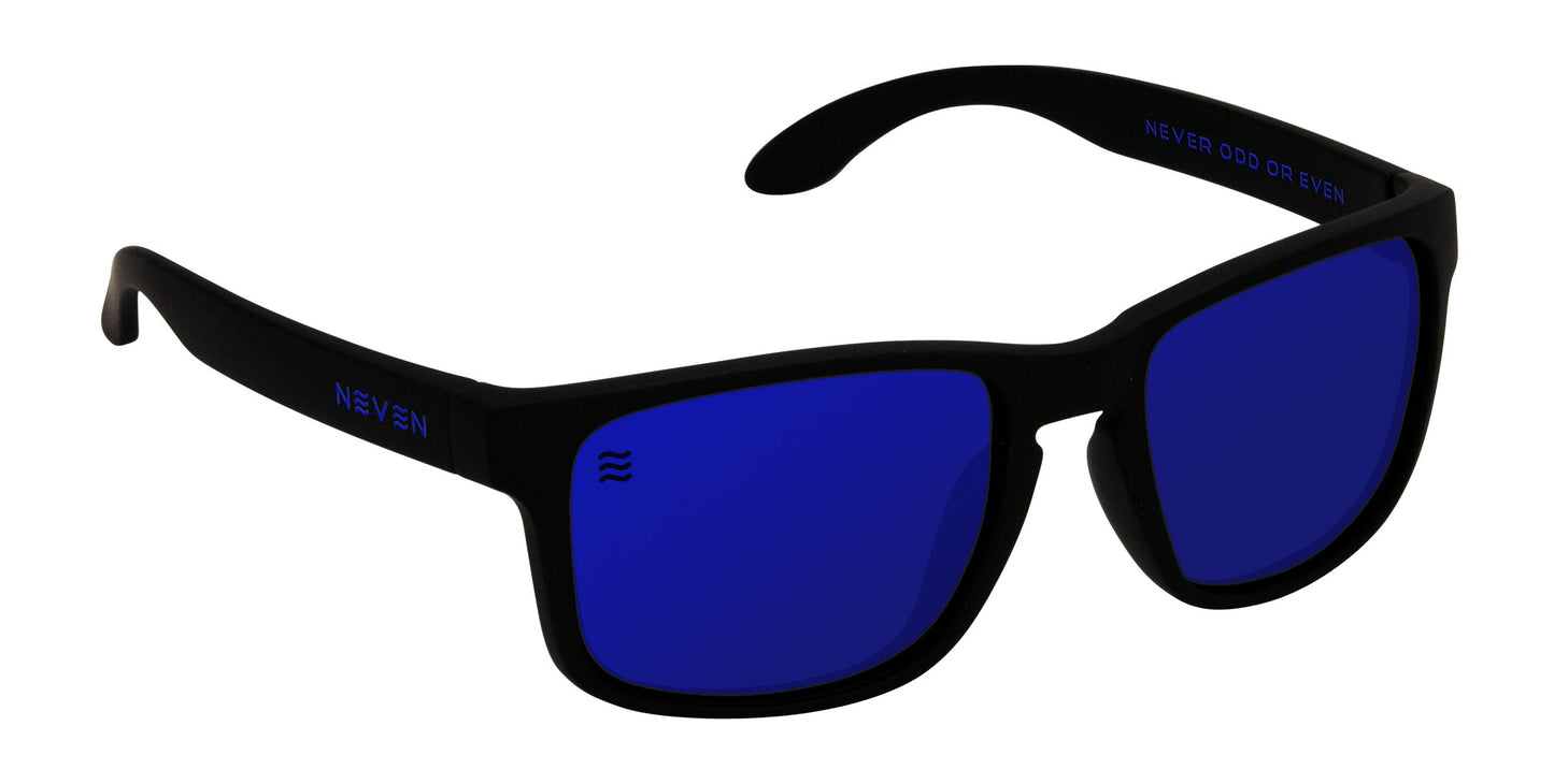 Blue Steel by Neven Eyewear: Matte black polarized sunglasses with bold deep blue rectangular lenses, thick TR90 frames, UV400 protection, NEVEN printed on one arm, and "NEVER ODD OR EVEN" inside.