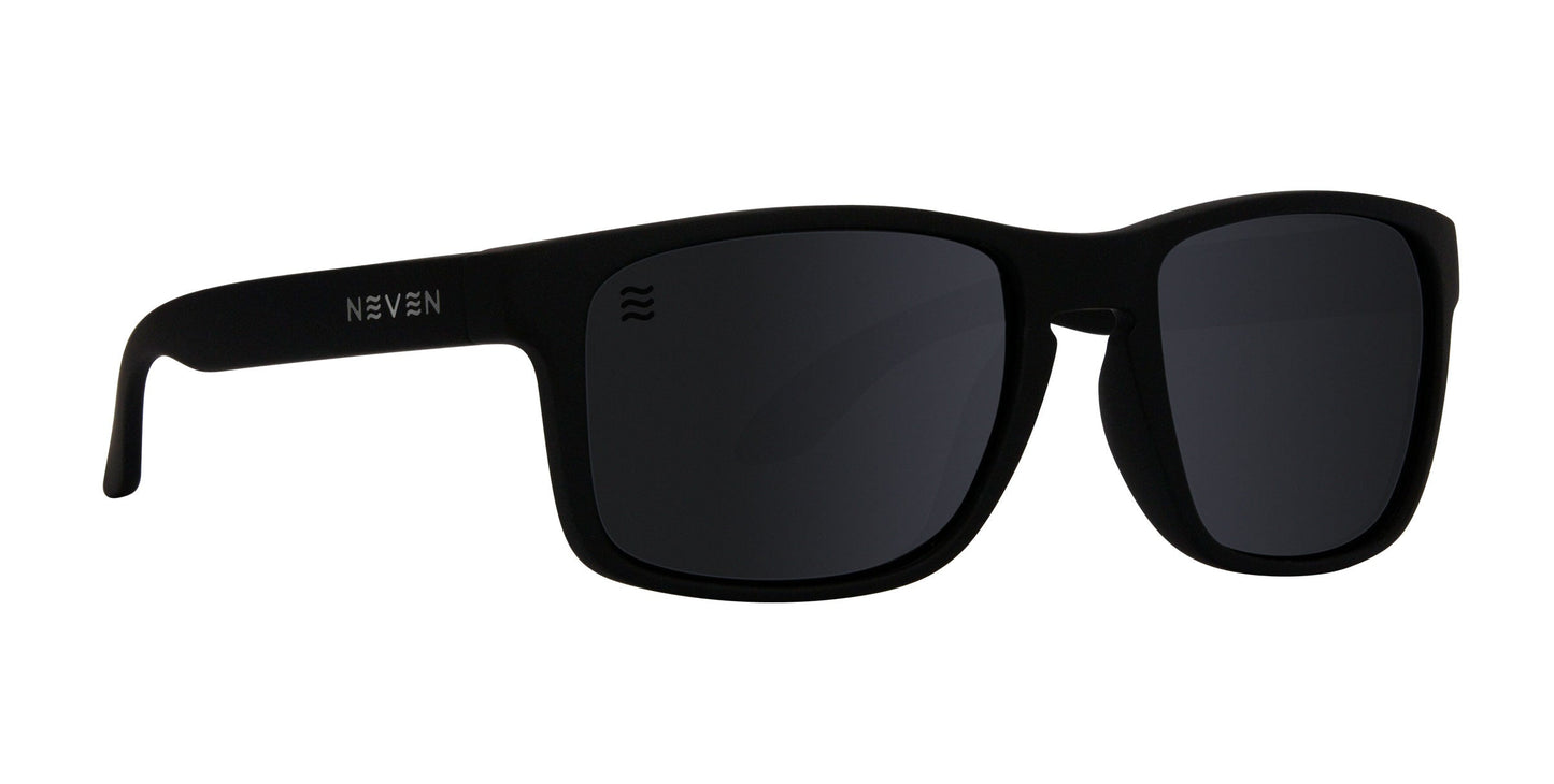 The Neven Eyewear Doom sunglasses feature black rectangular TR90 frames with the NEVEN logo in white on the left temple. These polarized UV400 shades have dark, impact-resistant lenses and offer a modern, classic look for daily wear.
