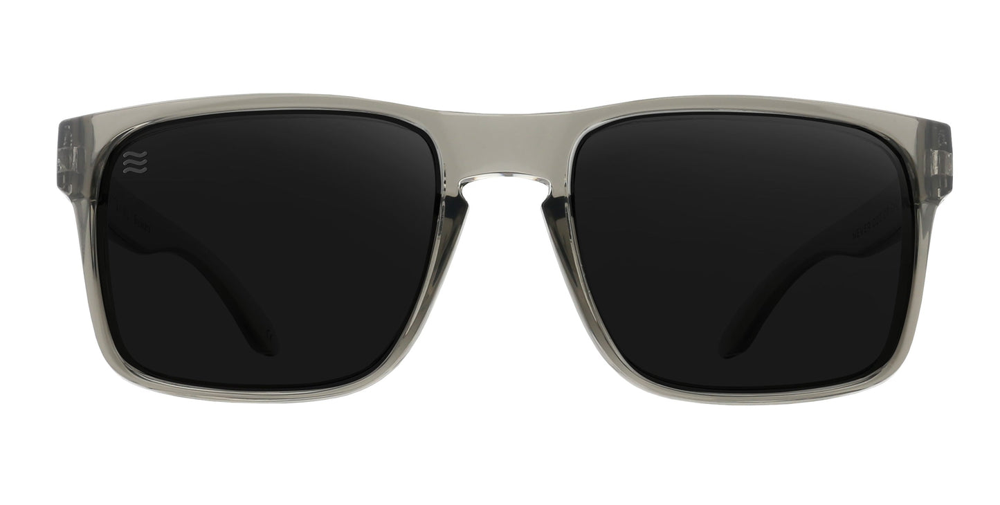 The Neven Eyewear Breakers XL are oversized sunglasses with large square black lenses, a transparent gray plastic frame, and thick curved arms—perfect polarized sunglasses for large heads. Shown from the front on a plain white background.