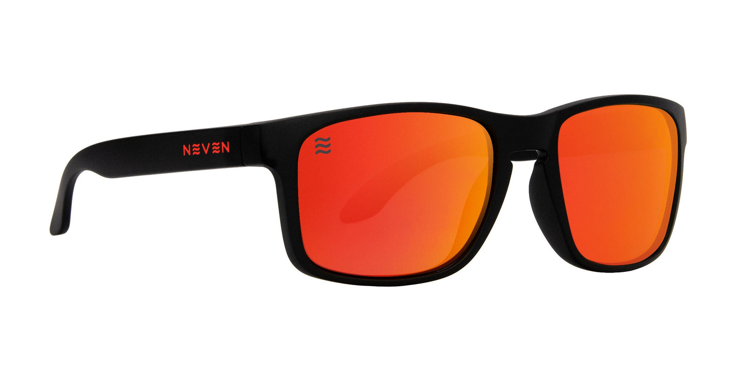 The Neven Eyewear John Wayne sunglasses feature black frames, rectangular mirrored orange-red lenses with polarized UV400 protection, and a modern TR90 frame. "NEVEN" in orange and white decorates the left temple arm for a stylish finish.