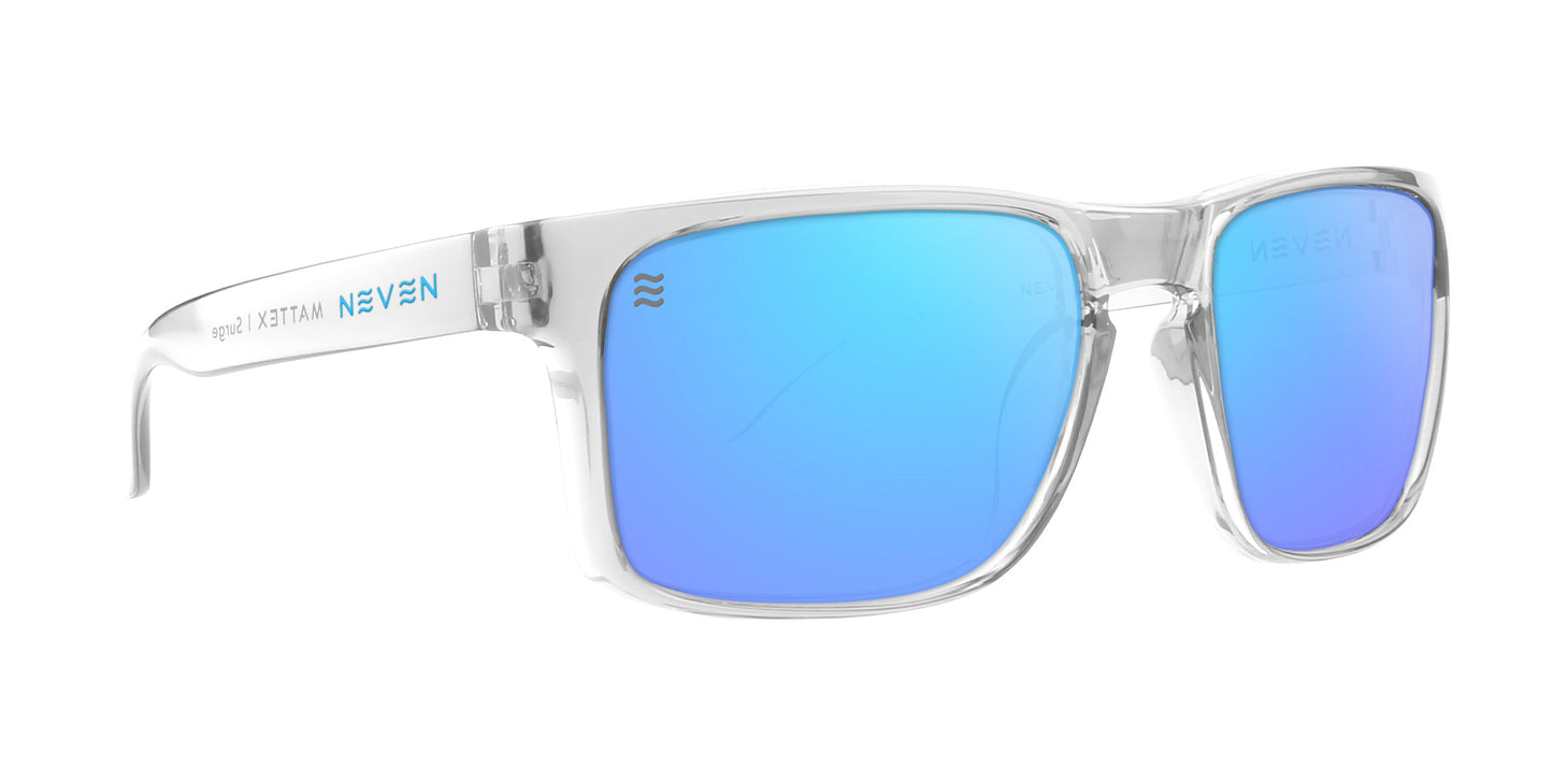 The Surge by Neven Eyewear are polarized sunglasses featuring transparent frames and blue mirrored rectangular lenses, with a blue "NEVEN" logo on the left arm, wave logo on the corner, and UV400 protection for a sporty look.