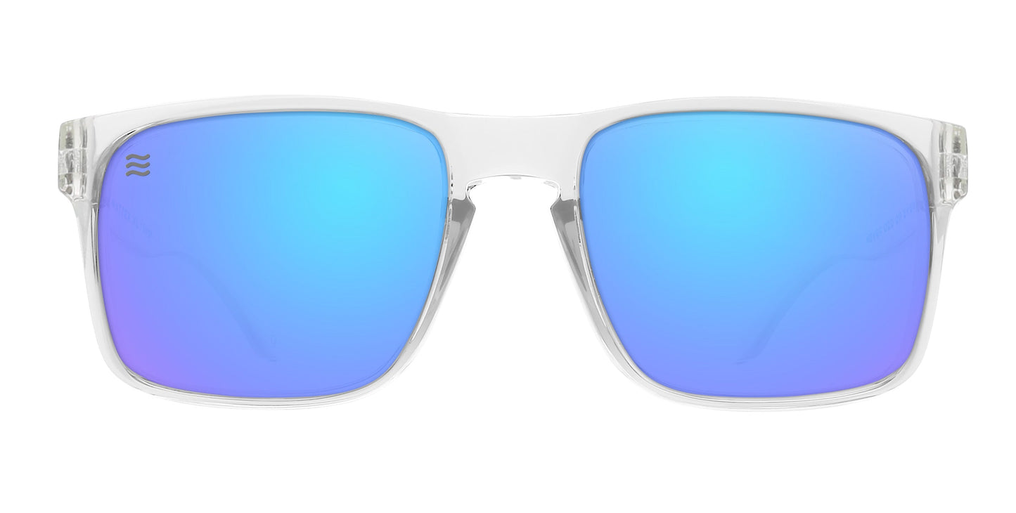 Front view of Neven Eyewear Surge XL sunglasses with clear frames, large square blue-mirrored polarized lenses, and a silver wave logo on the left lens. Stylish UV400 protection with transparent temples and frame.