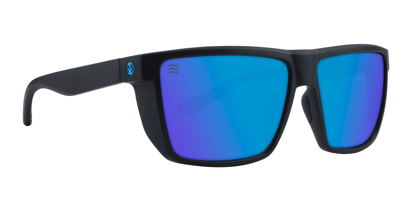 Neven Eyewear’s Honest John's sunglasses feature black matte frames, bold rectangular blue-mirrored polarized lenses, and a subtle blue wave logo on the temple—a modern, sporty choice for coastal adventures.