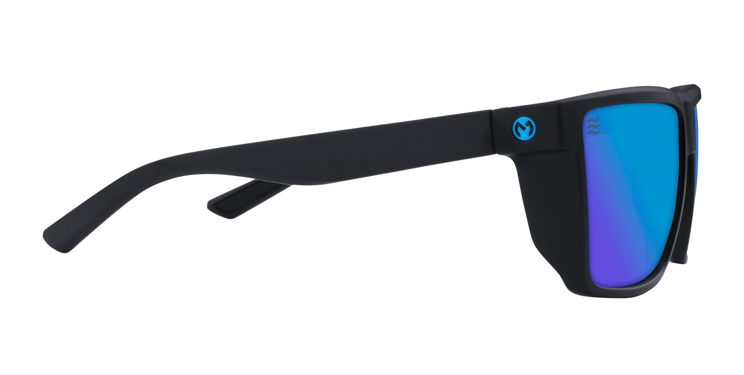 Honest John's by Neven Eyewear: Black polarized sunglasses with thick frames and blue mirrored lenses, viewed from the side. Matte black straight arms feature a small blue circular logo near the hinge, with no extra detailing.